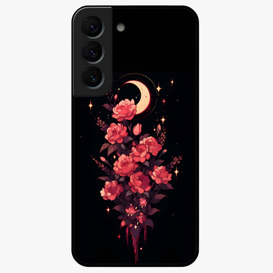 Moonlit Floral Elegance Glass Case showing flat back view with elegant floral artwork under moonlit tones and glossy glass finish.