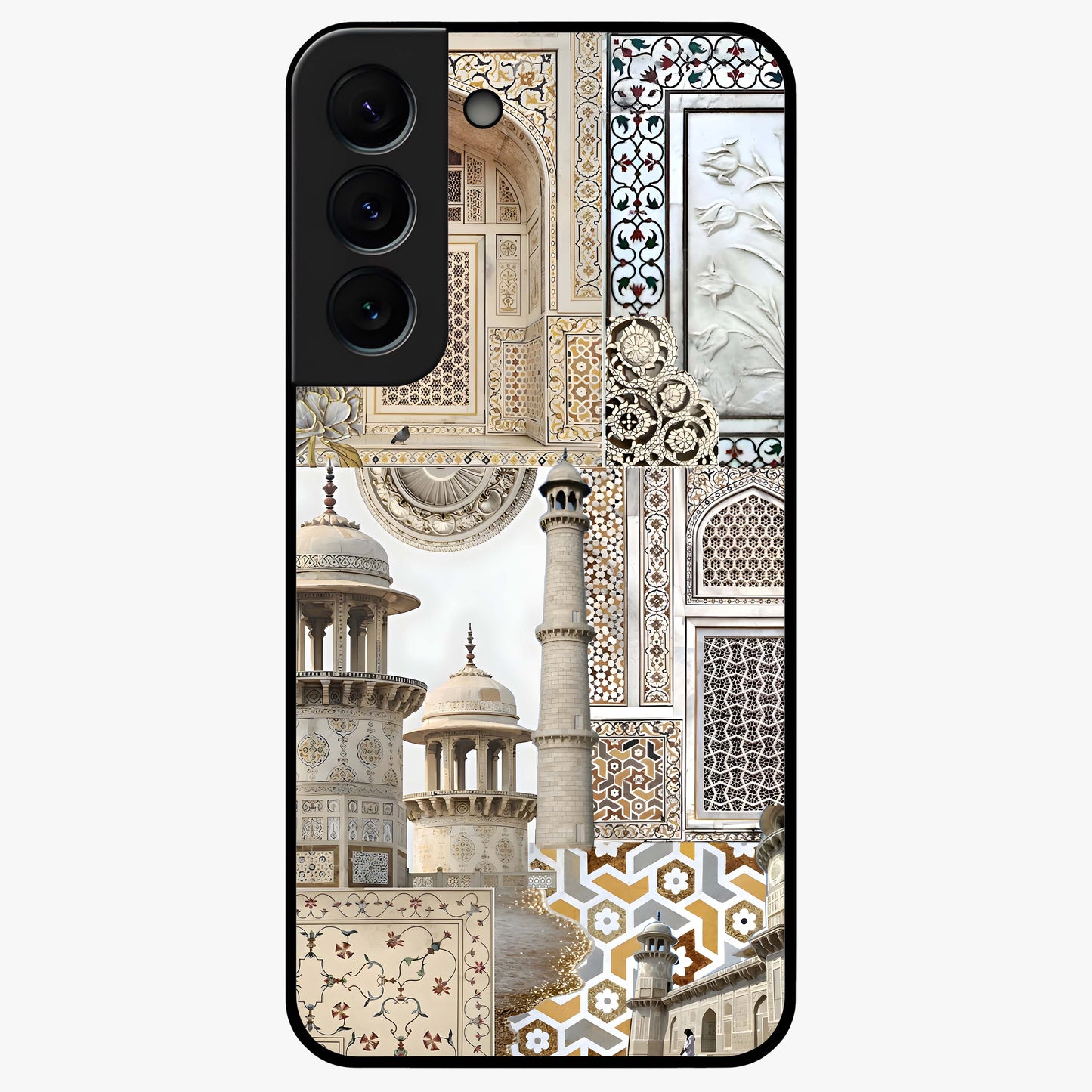 Mughal Marble Legacy Glass Case showing flat back view with intricate Mughal inspired marble pattern and glossy glass finish.