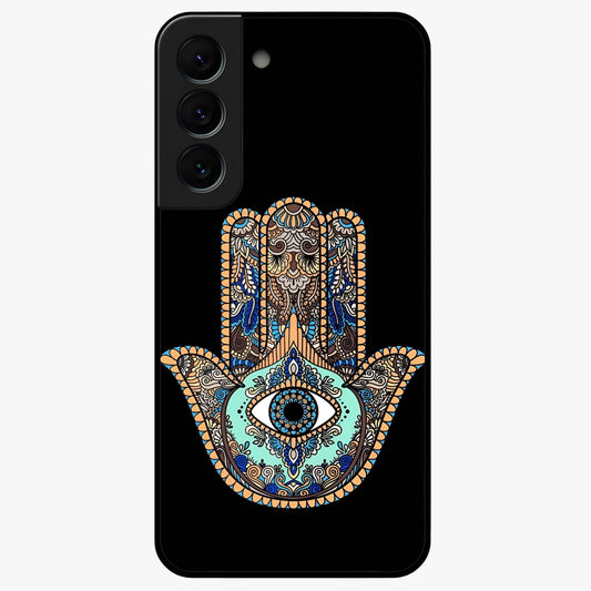 Mystic Hamsa Eye Glass Case showing flat back view with protective hamsa hand and evil eye artwork and glossy glass finish.