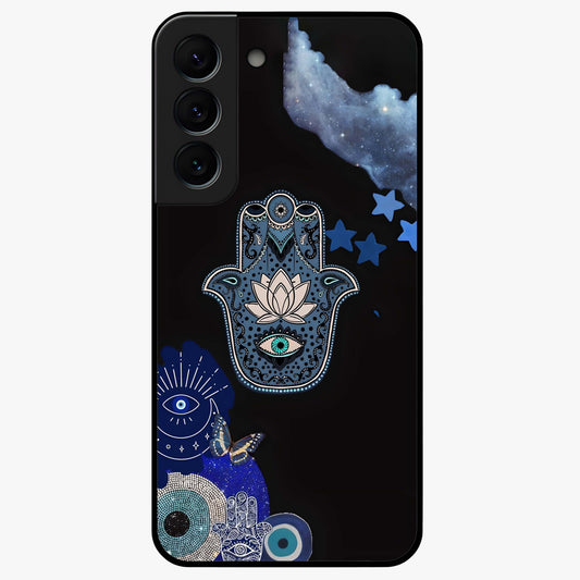Mystic Hand Aura Glass Case showing flat back view with mystical hand symbol artwork and glossy glass finish.