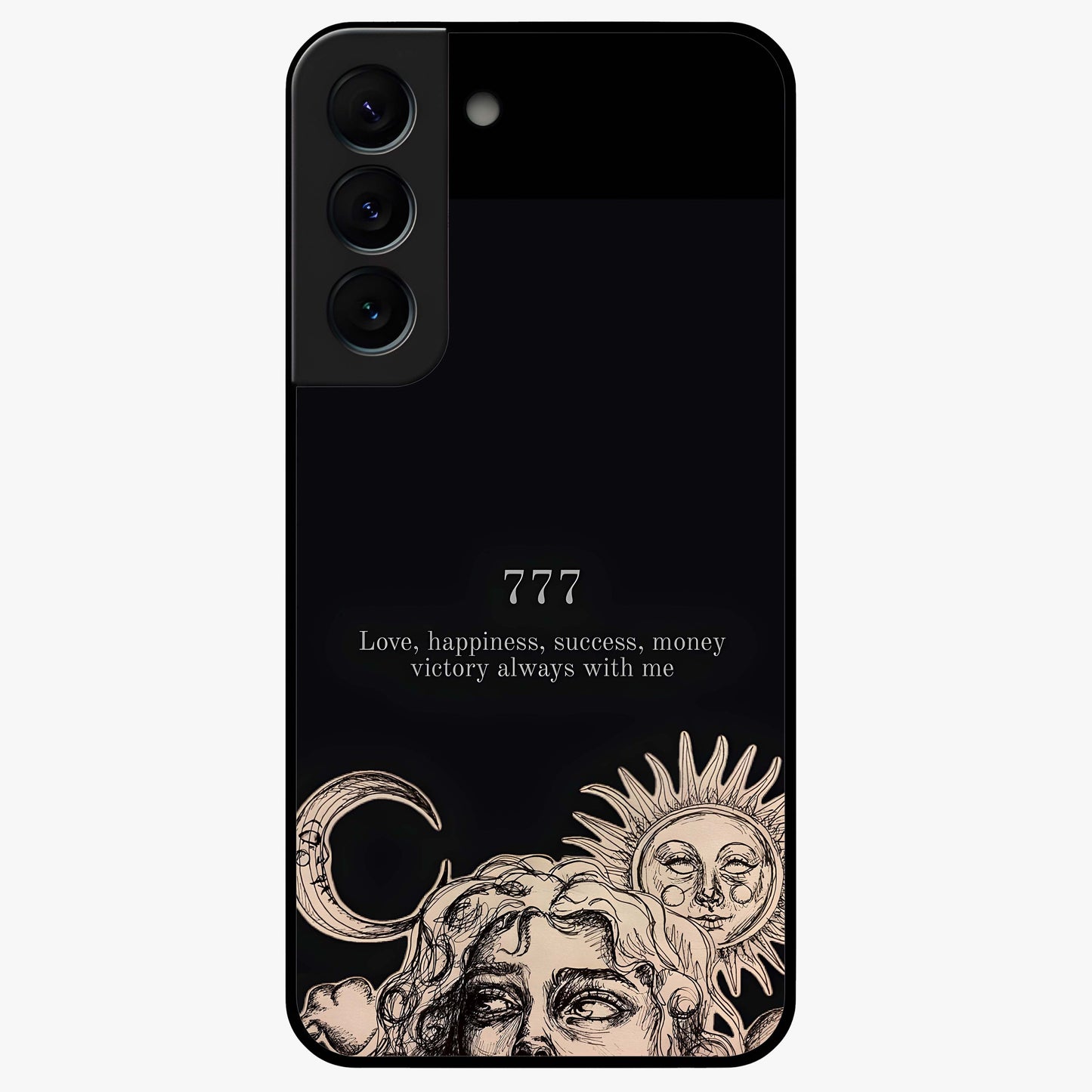 Mystic Victory Aura Glass Case showing flat back view with victory symbol artwork and glossy glass finish.