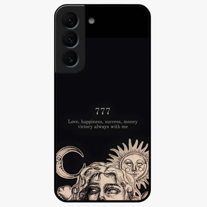 Mystic Victory Aura Glass Case showing flat back view with victory symbol artwork and glossy glass finish.