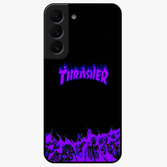 Neon Flame Riot Glass Case showing flat back view with neon flame artwork and glossy glass finish.