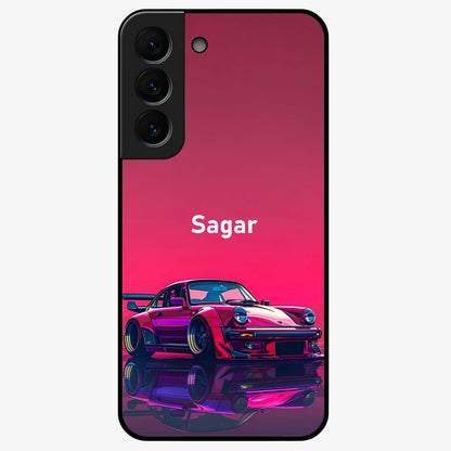 Neon Pink Porsche Glass Case showing flat back view with stylish sports car artwork and glossy glass finish.