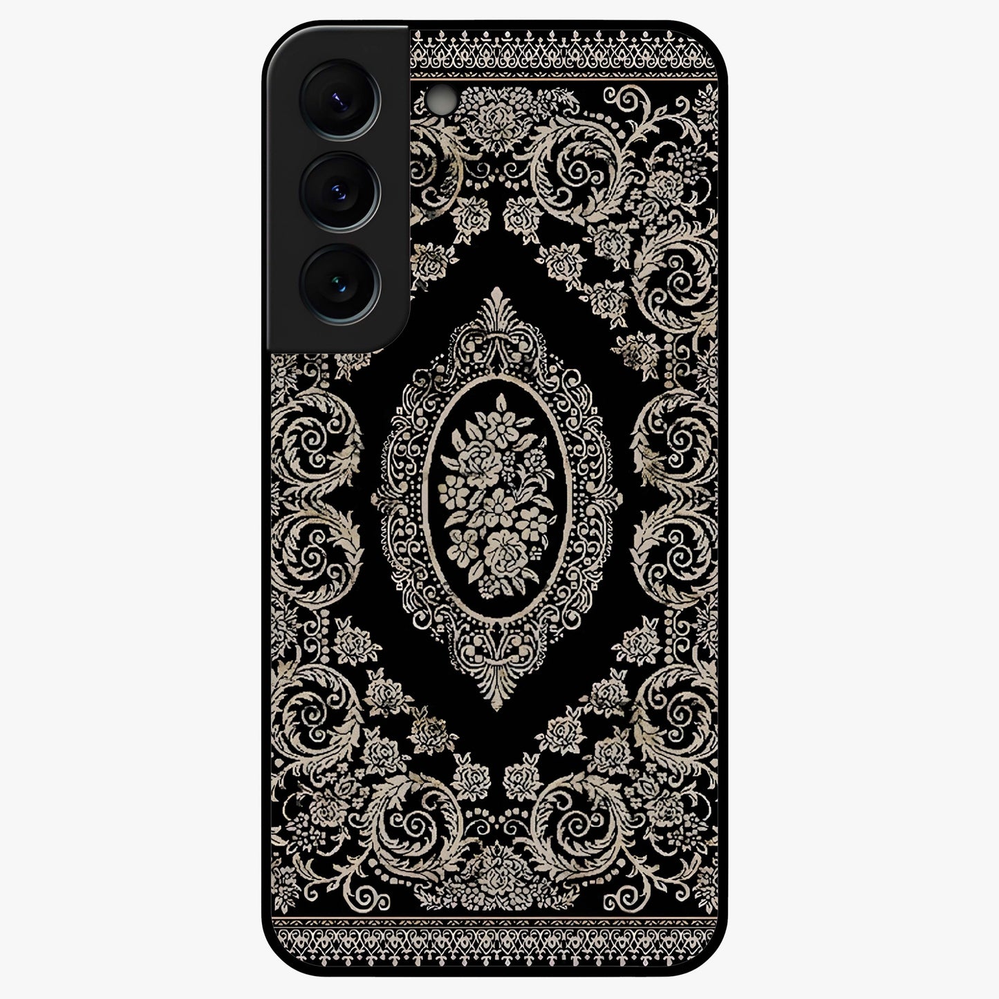 Noir Bloom Elegance Glass Case showing flat back view with elegant dark floral artwork and glossy glass finish.