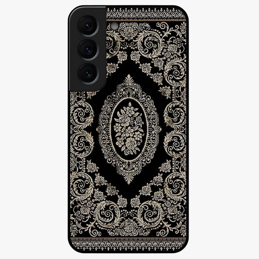 Noir Bloom Elegance Glass Case showing flat back view with elegant dark floral artwork and glossy glass finish.