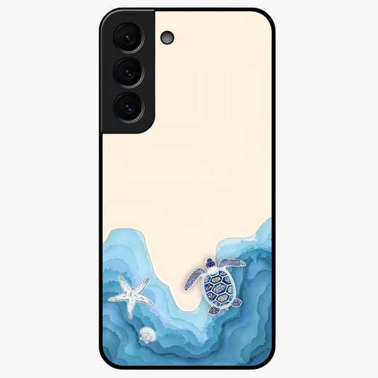 Ocean Drift Turtle Glass Case showing flat back view with sea turtle artwork and glossy glass finish.