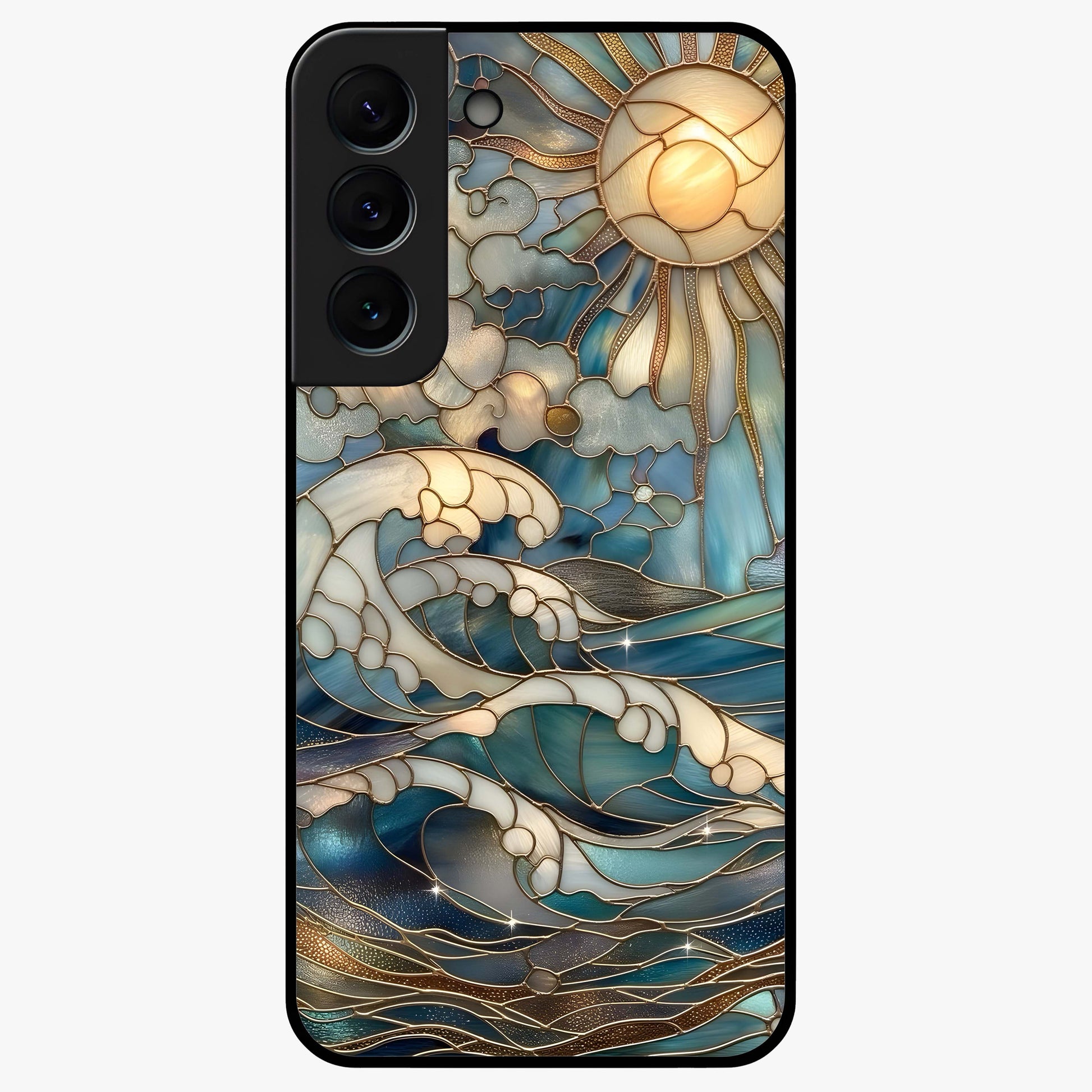 Oceanic Stained Printed Glass Case showing flat back view with ocean inspired stained pattern artwork and glossy glass finish.