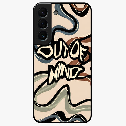 Out Of Mind Glass Case showing flat back view with expressive typography artwork and glossy glass finish.