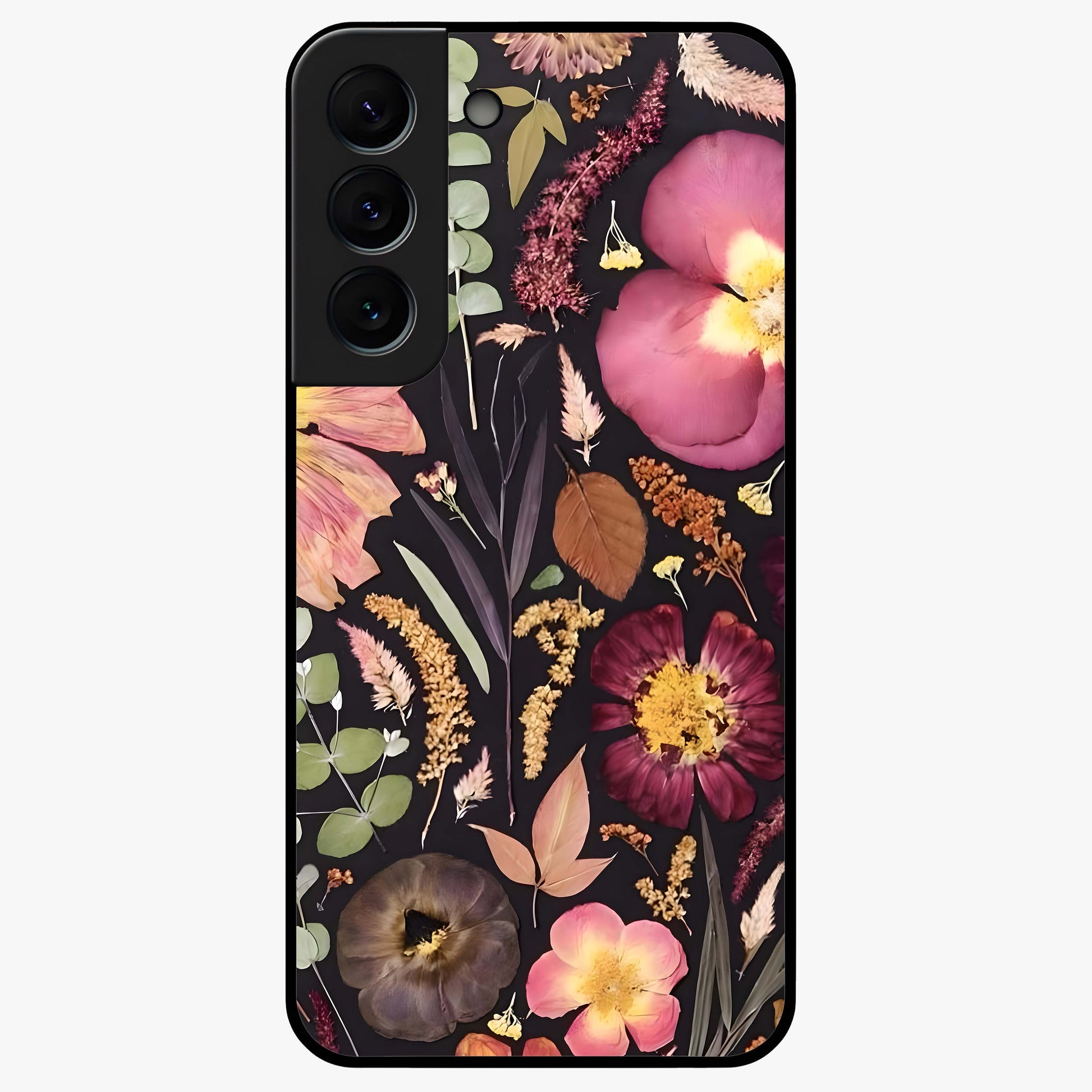 Petal Dream Tapestry Glass Case showing flat back view with intricate floral tapestry artwork and glossy glass finish.