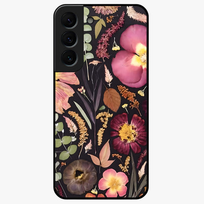 Petal Dream Tapestry Glass Case showing flat back view with intricate floral tapestry artwork and glossy glass finish.