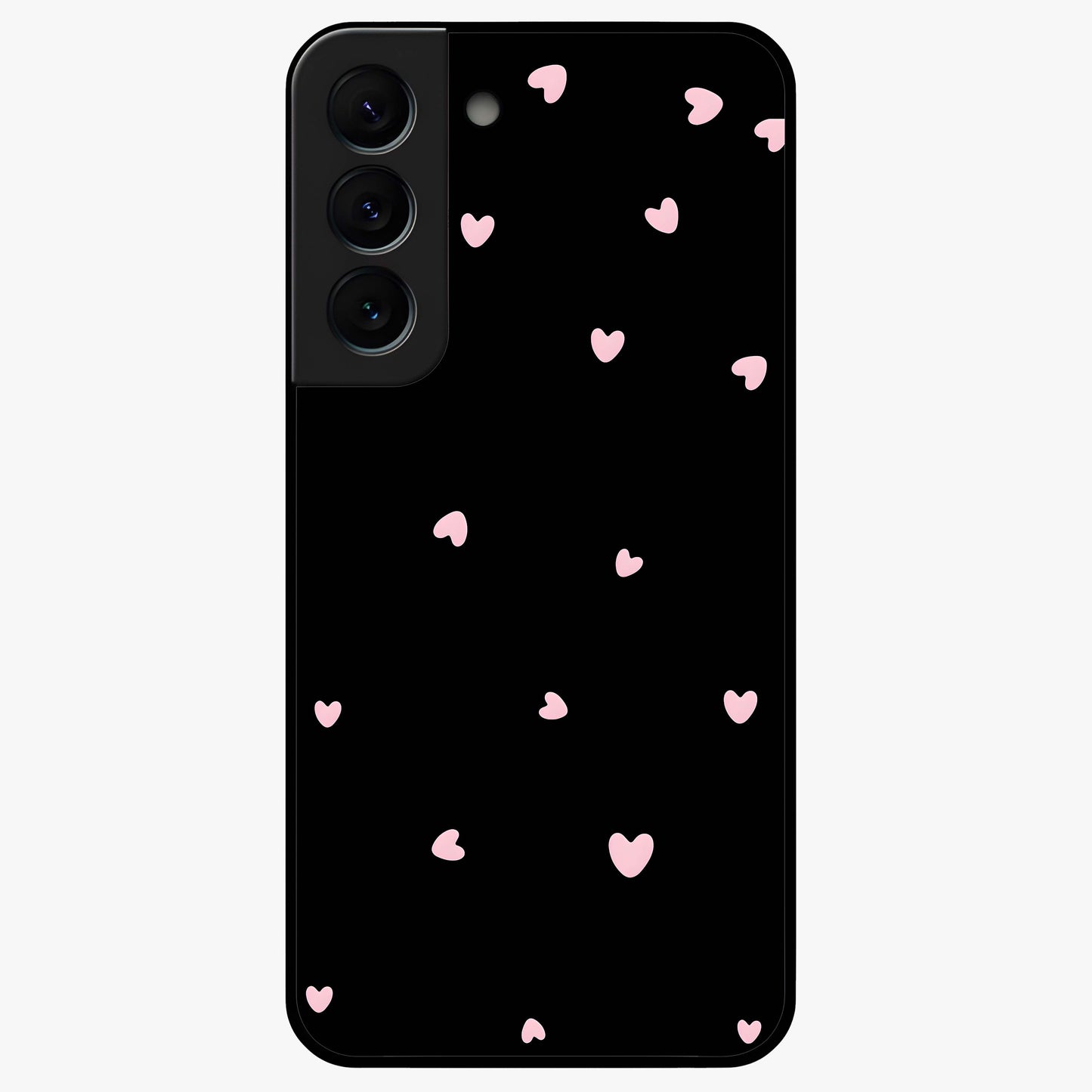 Pink Love Drops Glass Case showing flat back view with playful pink heart drops artwork and glossy glass finish.