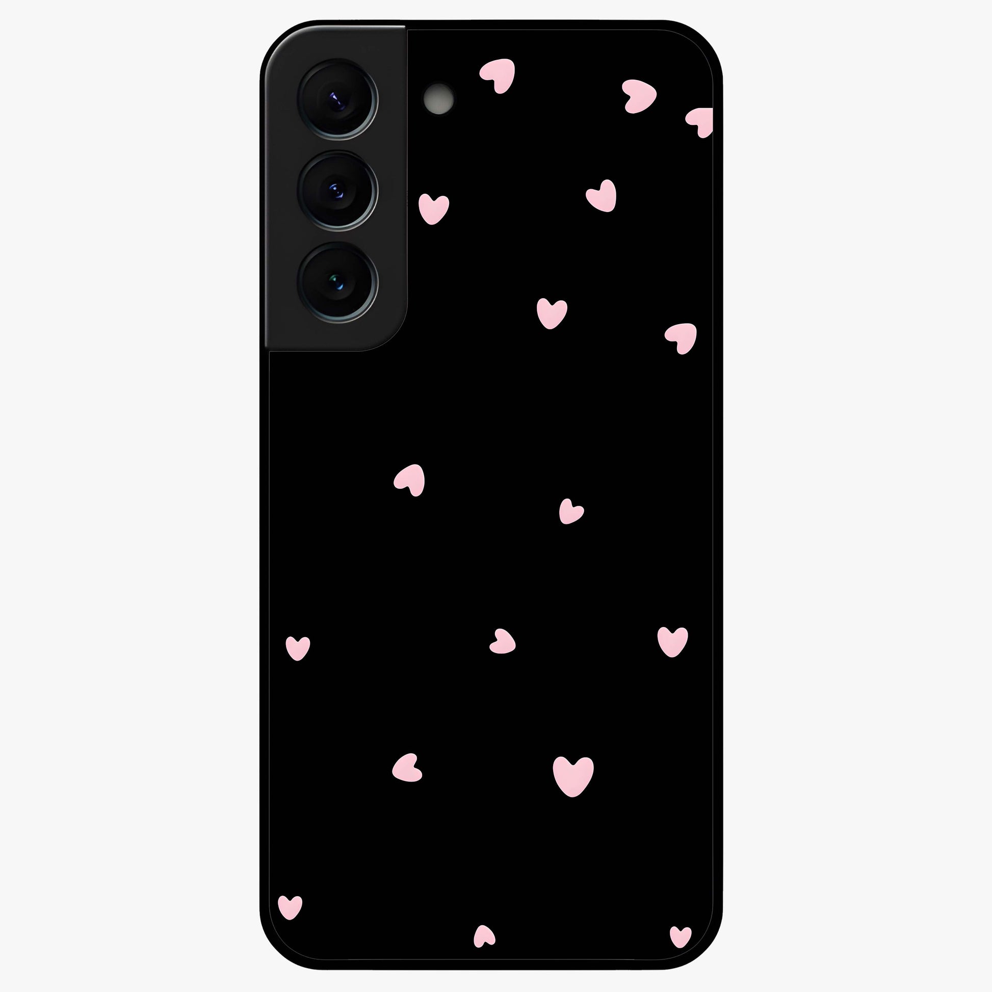 Pink Love Drops Glass Case showing flat back view with playful pink heart drops artwork and glossy glass finish.