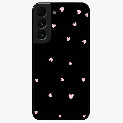 Pink Love Drops Glass Case showing flat back view with playful pink heart drops artwork and glossy glass finish.
