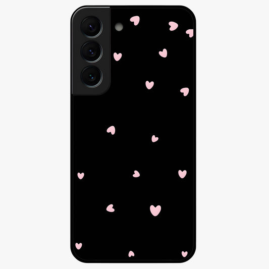 Pink Love Drops Glass Case showing flat back view with playful pink heart drops artwork and glossy glass finish.