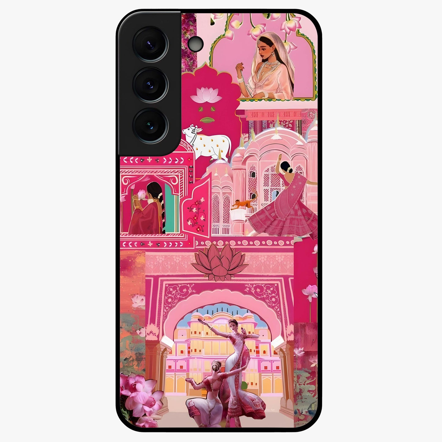 Pink Palace Muse Glass Case showing flat back view with elegant palace inspired artwork and glossy glass finish.