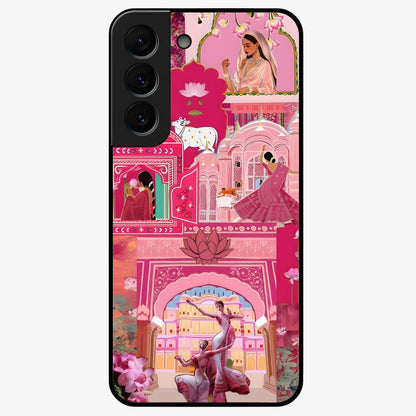 Pink Palace Muse Glass Case showing flat back view with elegant palace inspired artwork and glossy glass finish.