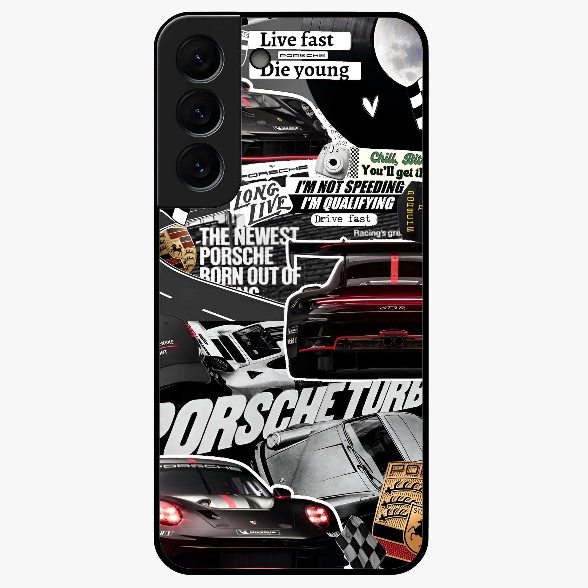 Porsche Racing Collage Glass Case showing flat back view with sports car racing collage artwork and glossy glass finish.