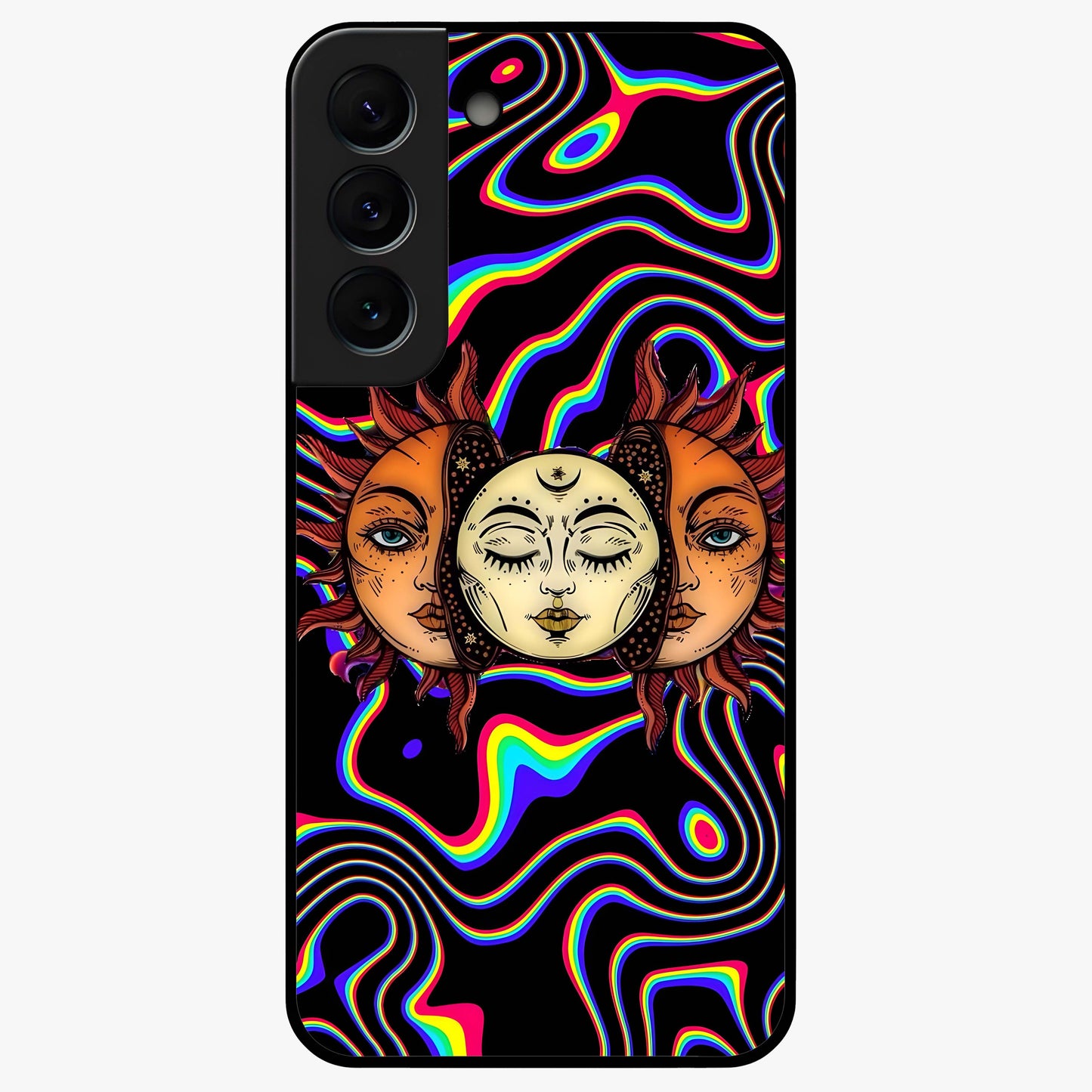 Psychedelic Sun Glass Case showing flat back view with colorful psychedelic sun artwork and glossy glass finish.