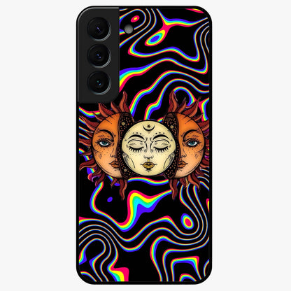 Psychedelic Sun Glass Case showing flat back view with colorful psychedelic sun artwork and glossy glass finish.
