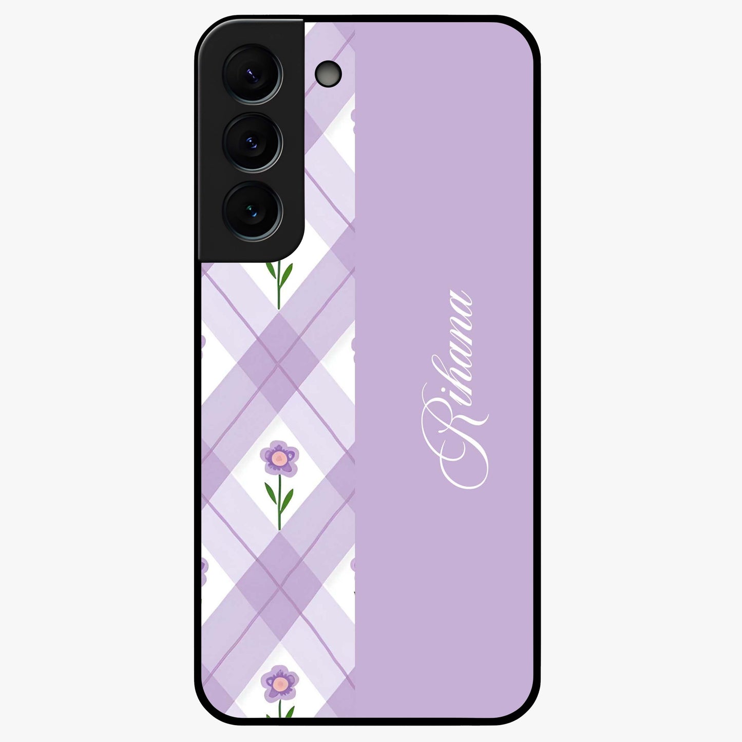 Purple Diamond Floral Glass Case showing flat back view with diamond shaped floral artwork and glossy glass finish.