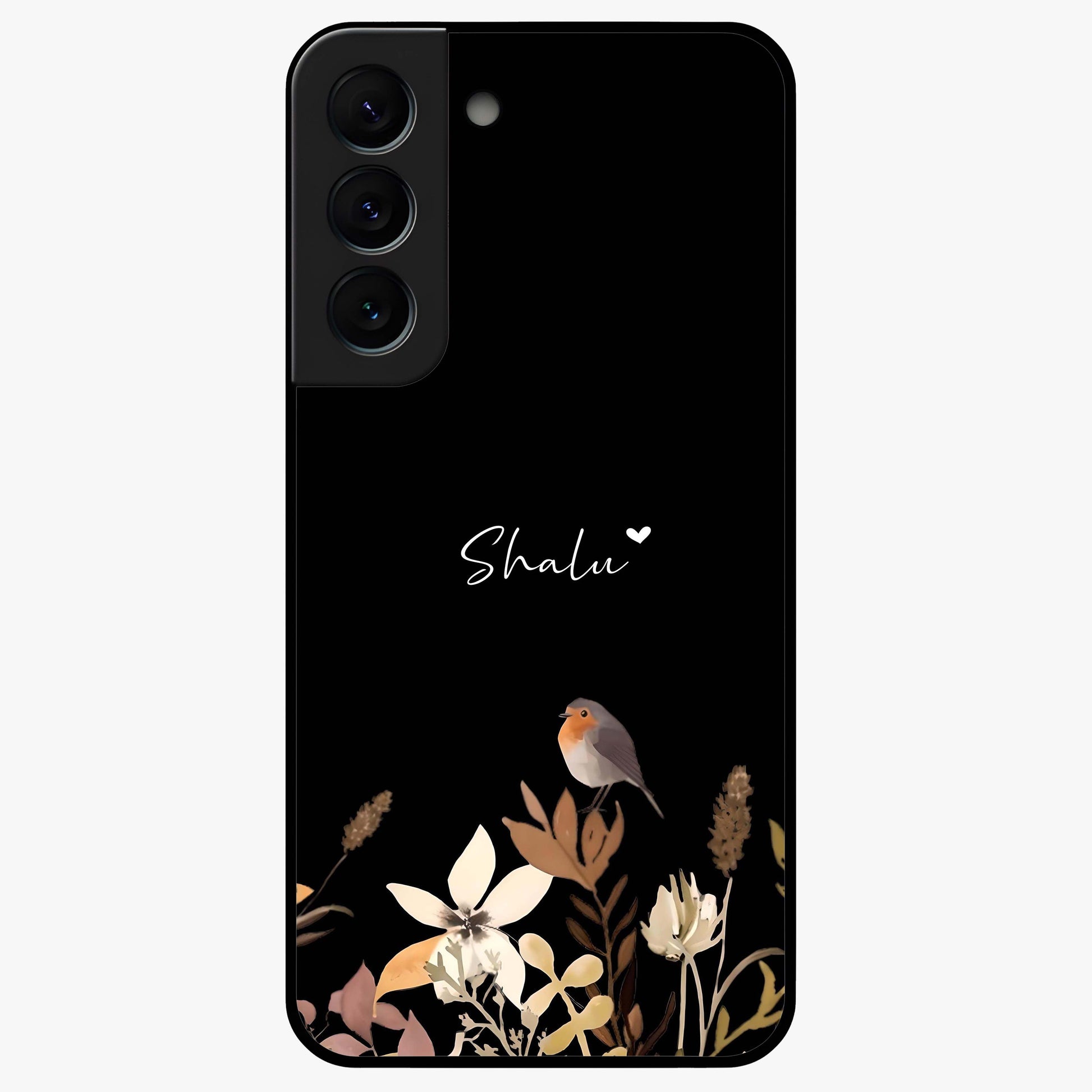 Quiet Garden Tune Custom Name Glass Case showing flat back view with peaceful garden artwork and personalized name design.