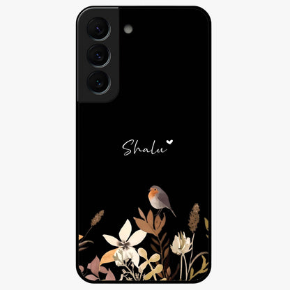 Quiet Garden Tune Custom Name Glass Case showing flat back view with peaceful garden artwork and personalized name design.