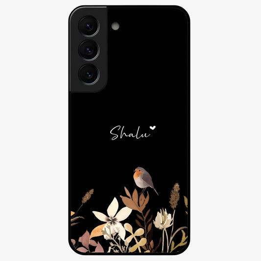 Quiet Garden Tune Custom Name Glass Case showing flat back view with peaceful garden artwork and personalized name design.
