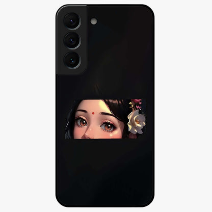 Radha Divine Embrace Glass Case showing flat back view with devotional Radha artwork and glossy glass finish.
