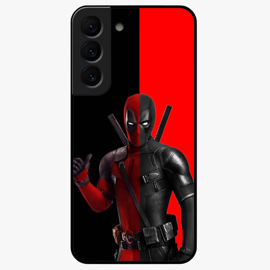Red & Black Deadpool Theme Glass Case showing flat back view with bold comic inspired artwork and glossy glass finish.