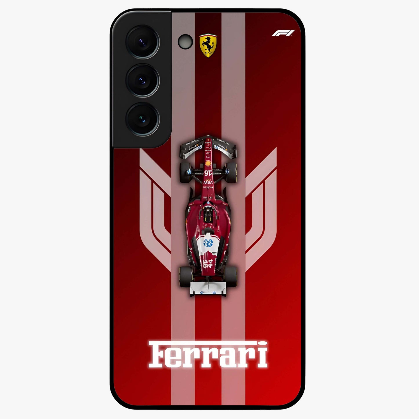 Red Ferrari F1 Vertical Glass Case showing flat back view with sleek Formula racing car artwork and glossy glass finish.