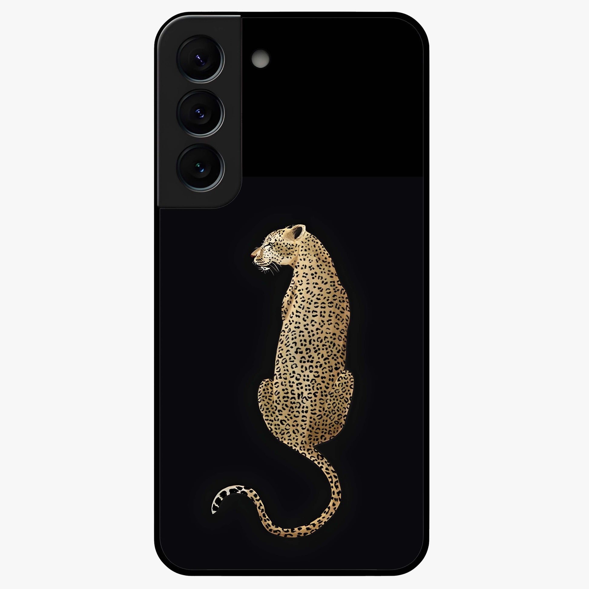 Regal Leopard Glass Case showing flat back view with bold leopard artwork and glossy glass finish.