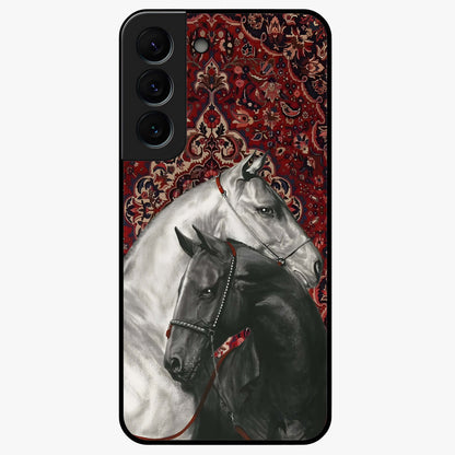 Regal Stallion Tapestry Glass Case showing flat back view with majestic horse tapestry artwork and glossy glass finish.