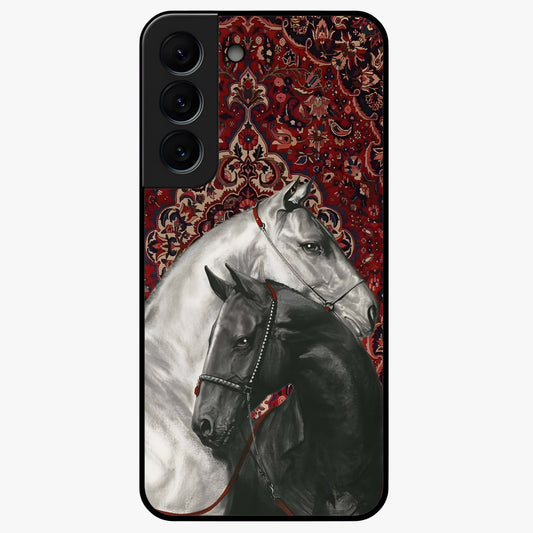 Regal Stallion Tapestry Glass Case showing flat back view with majestic horse tapestry artwork and glossy glass finish.