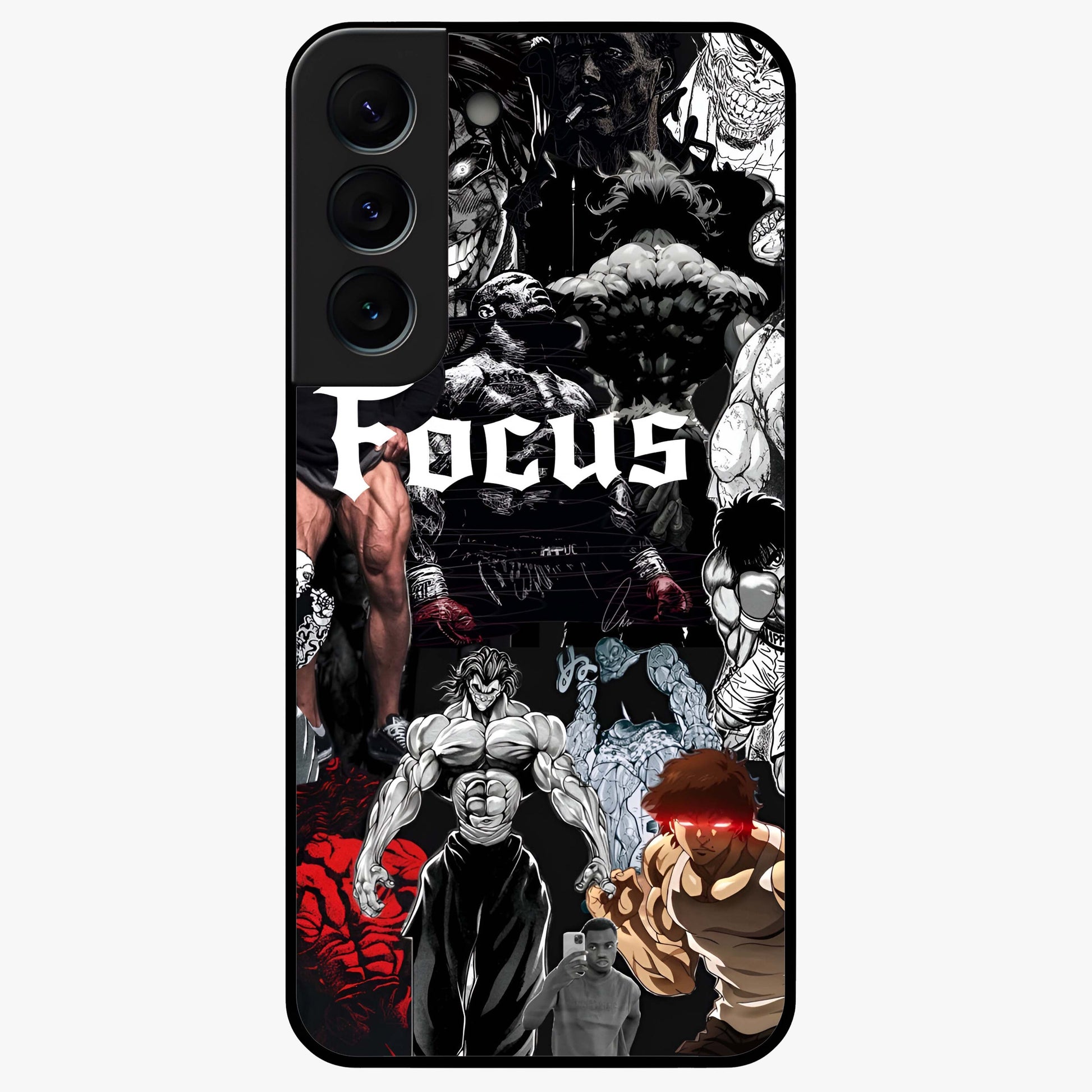 Relentless Power Focus Glass Case showing flat back view with motivational typography artwork and glossy glass finish.
