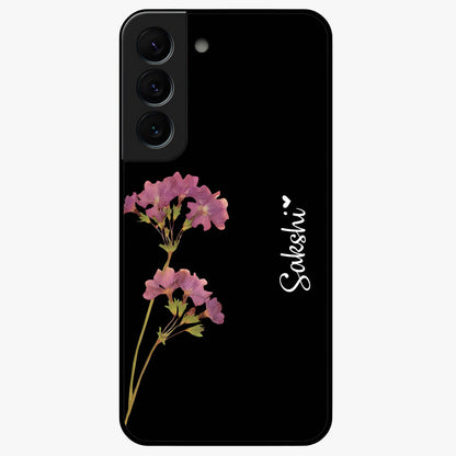 Riching Lavender Flower Custom Name Glass Case showing flat back view with lavender floral artwork and personalized name design.