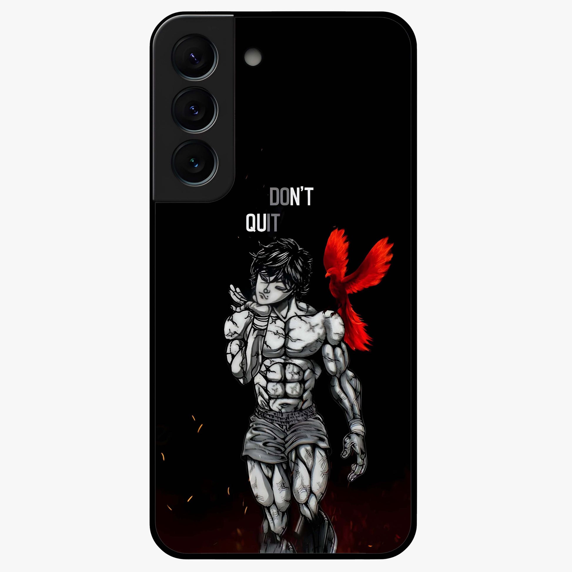 Rise Beyond Limits Glass Case showing flat back view with motivational typography artwork and glossy glass finish.