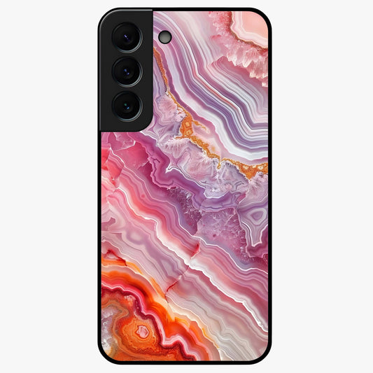Rose Quartz Marble Glass Case showing flat back view with pink marble quartz texture artwork and glossy glass finish.