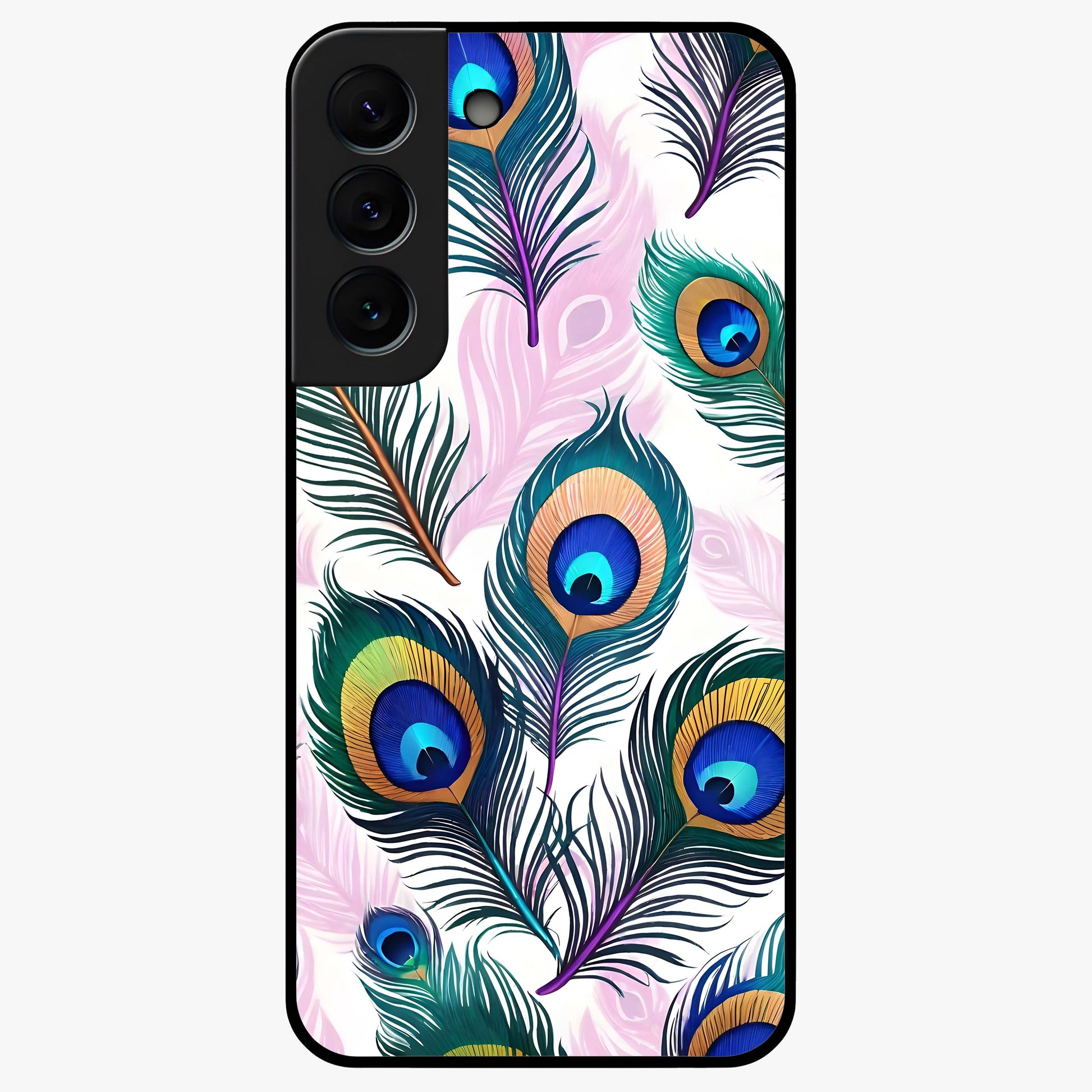 Royal Peacock Feathers Glass Case showing flat back view with colorful peacock feather artwork and glossy glass finish.
