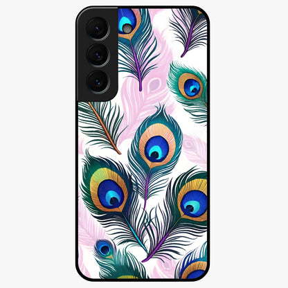 Royal Peacock Feathers Glass Case showing flat back view with colorful peacock feather artwork and glossy glass finish.