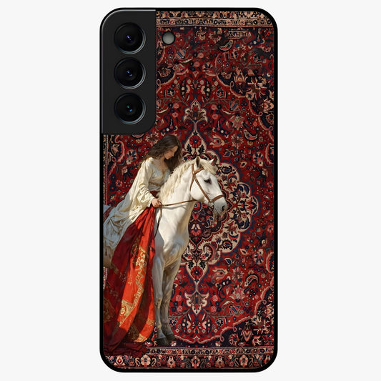 Royal Rider Tapestry Glass Case showing flat back view with majestic horse rider tapestry artwork and glossy glass finish.