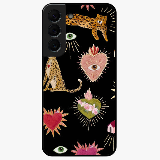 Sacred Jungle Heart Glass Case showing flat back view with jungle inspired heart artwork and glossy glass finish.