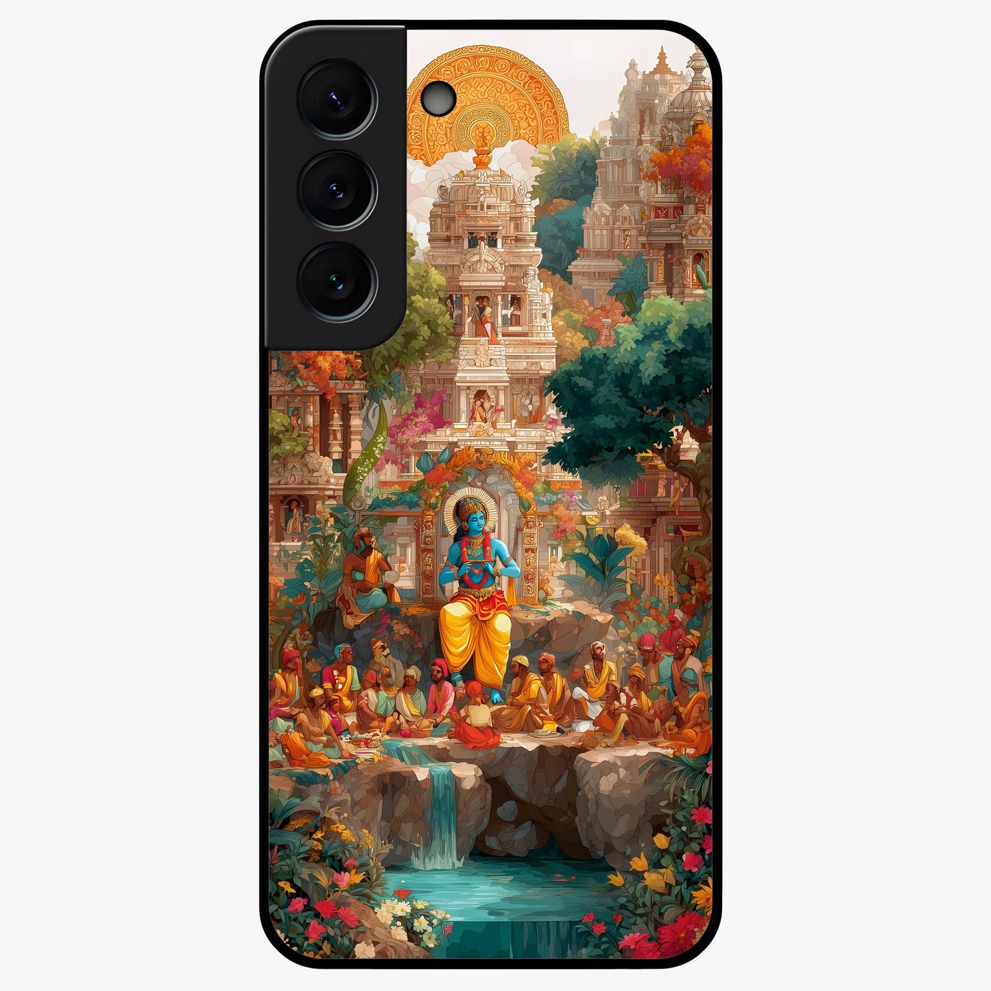 Sacred Sunlight Gods Glass Case showing flat back view with divine sunlight themed artwork and glossy glass finish.