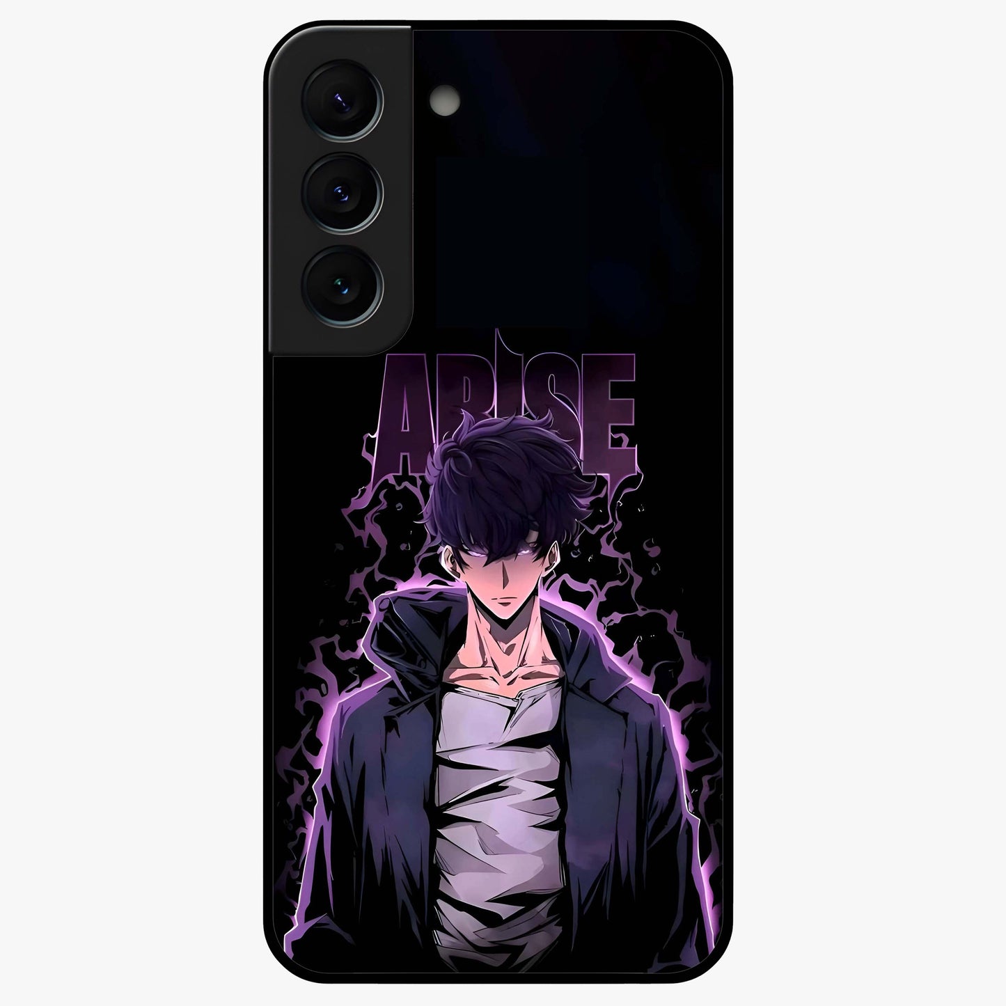 Shadow Monarch Awakening Glass Case showing flat back view with powerful dark monarch themed artwork and glossy glass finish.