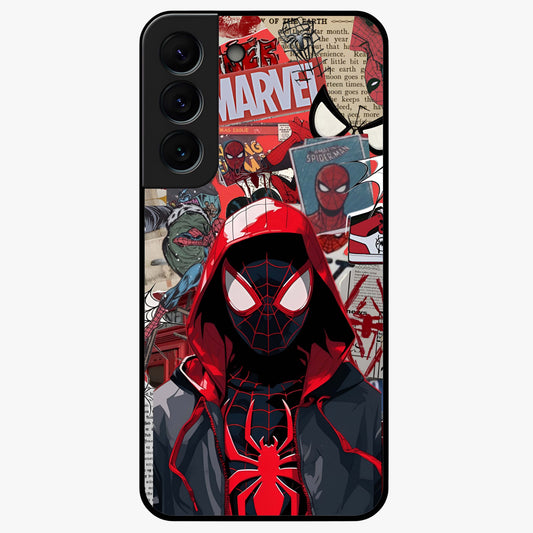 Spider Collage Street Glass Case showing flat back view with vibrant superhero collage artwork and glossy glass finish.