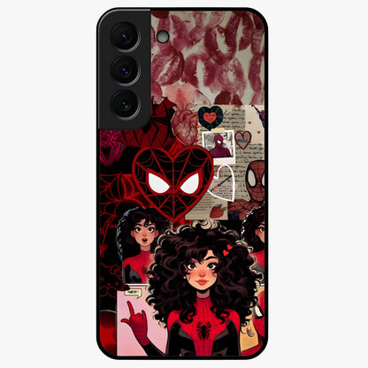 Spider Love Story Glass Case showing flat back view with romantic superhero themed artwork and glossy glass finish.