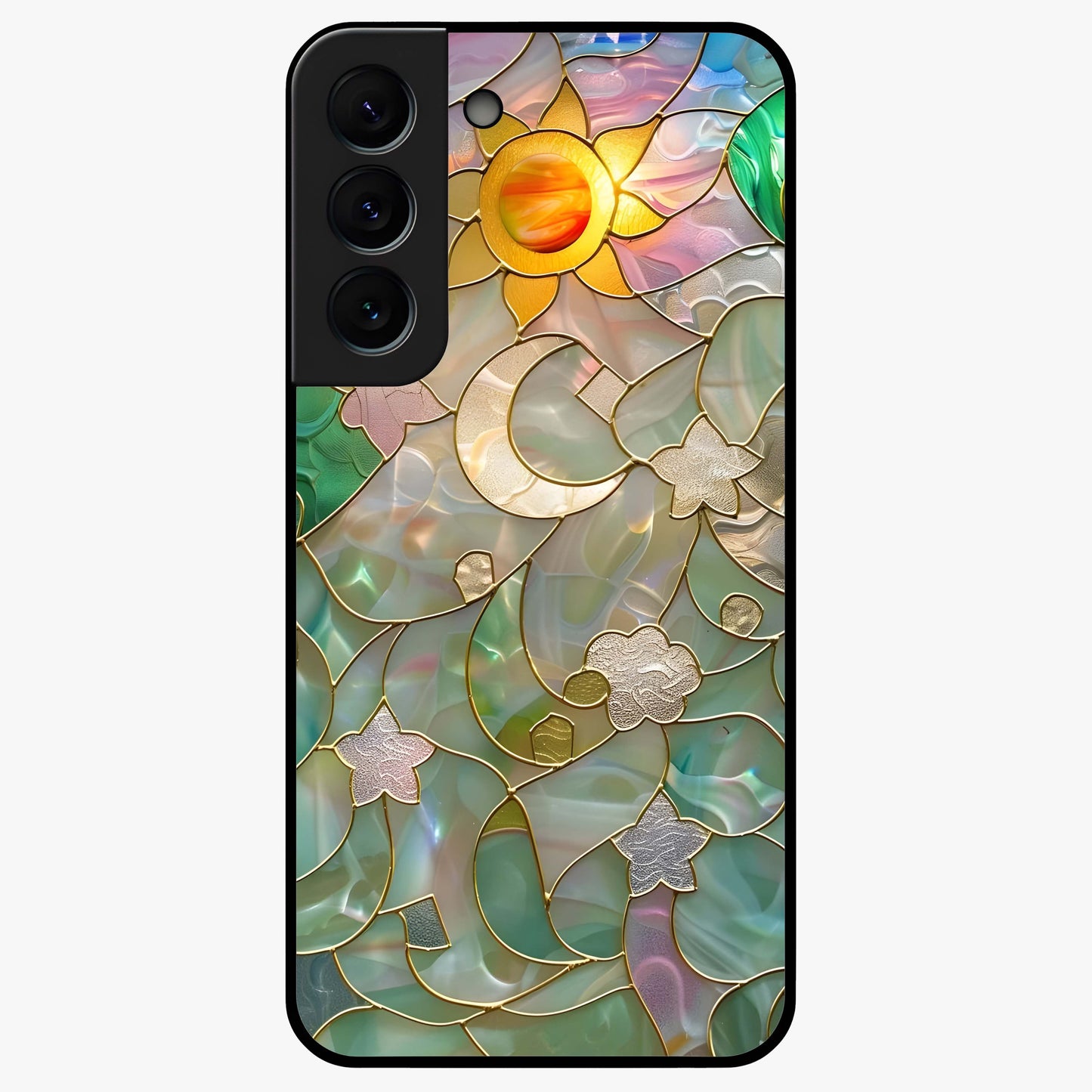 Stained Sunrise Glow Glass Case showing flat back view with glowing sunrise stained pattern artwork and glossy glass finish.