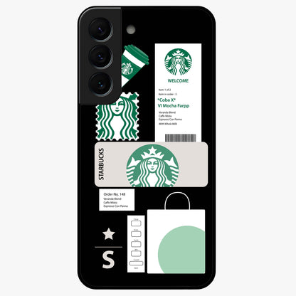 Starbucks Mocha Glass Case showing flat back view with coffee inspired artwork and glossy glass finish.