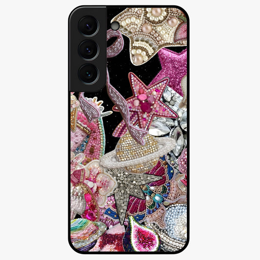 Starlit Jewel Dream Glass Case showing flat back view with sparkling jewel and star themed artwork and glossy glass finish.