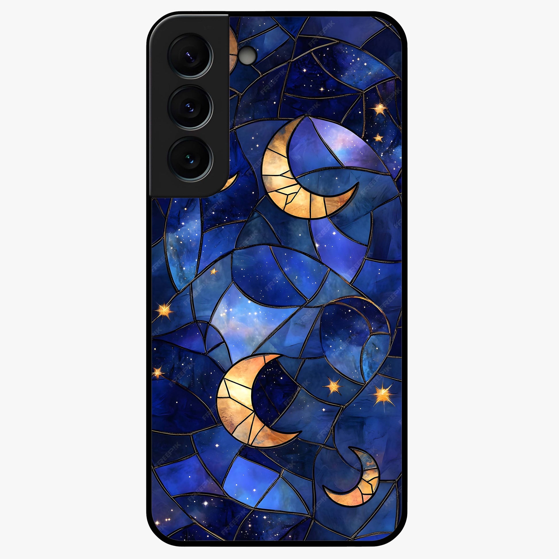Starlit Sky Tapestry Glass Case showing flat back view with decorative starry sky tapestry artwork and glossy glass finish.